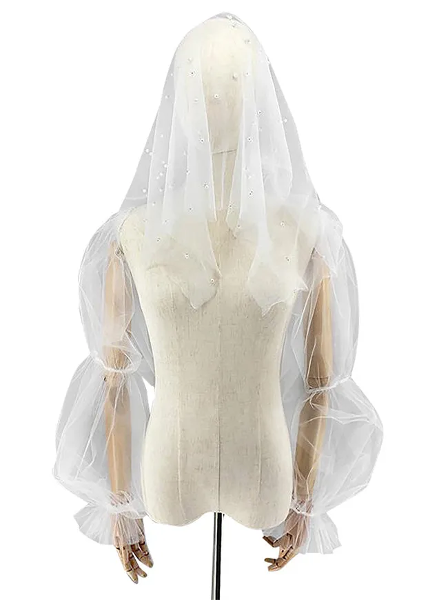 Women's Elegant Pearl Beaded Tulle Bridal Chapel Veil with Long Gloves 2-piece Set