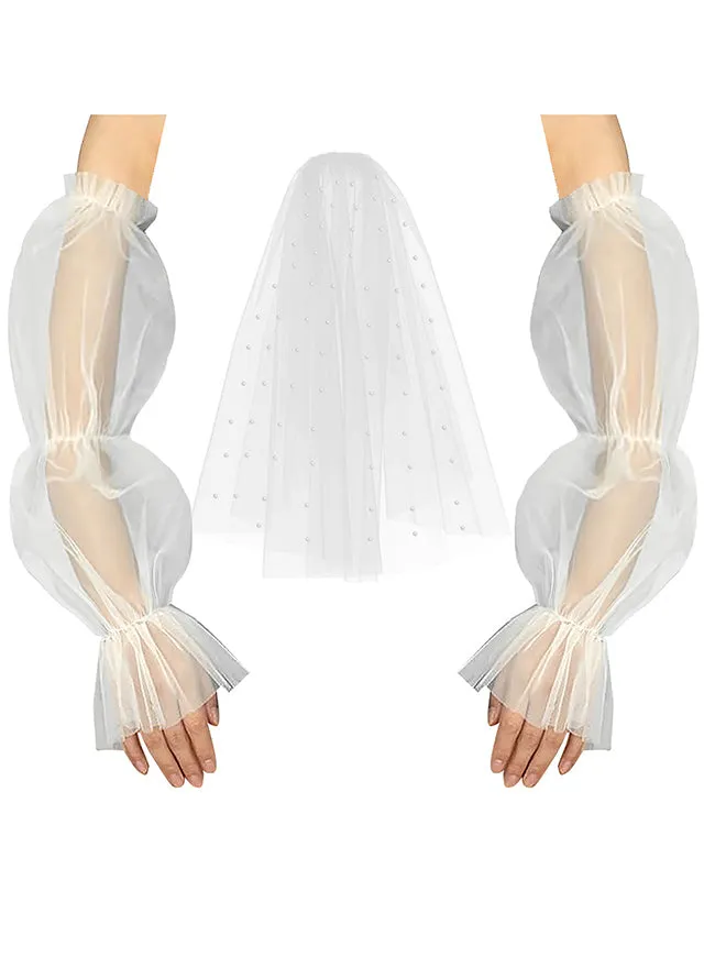 Women's Elegant Pearl Beaded Tulle Bridal Chapel Veil with Long Gloves 2-piece Set