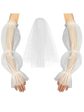 Women's Elegant Pearl Beaded Tulle Bridal Chapel Veil with Long Gloves 2-piece Set