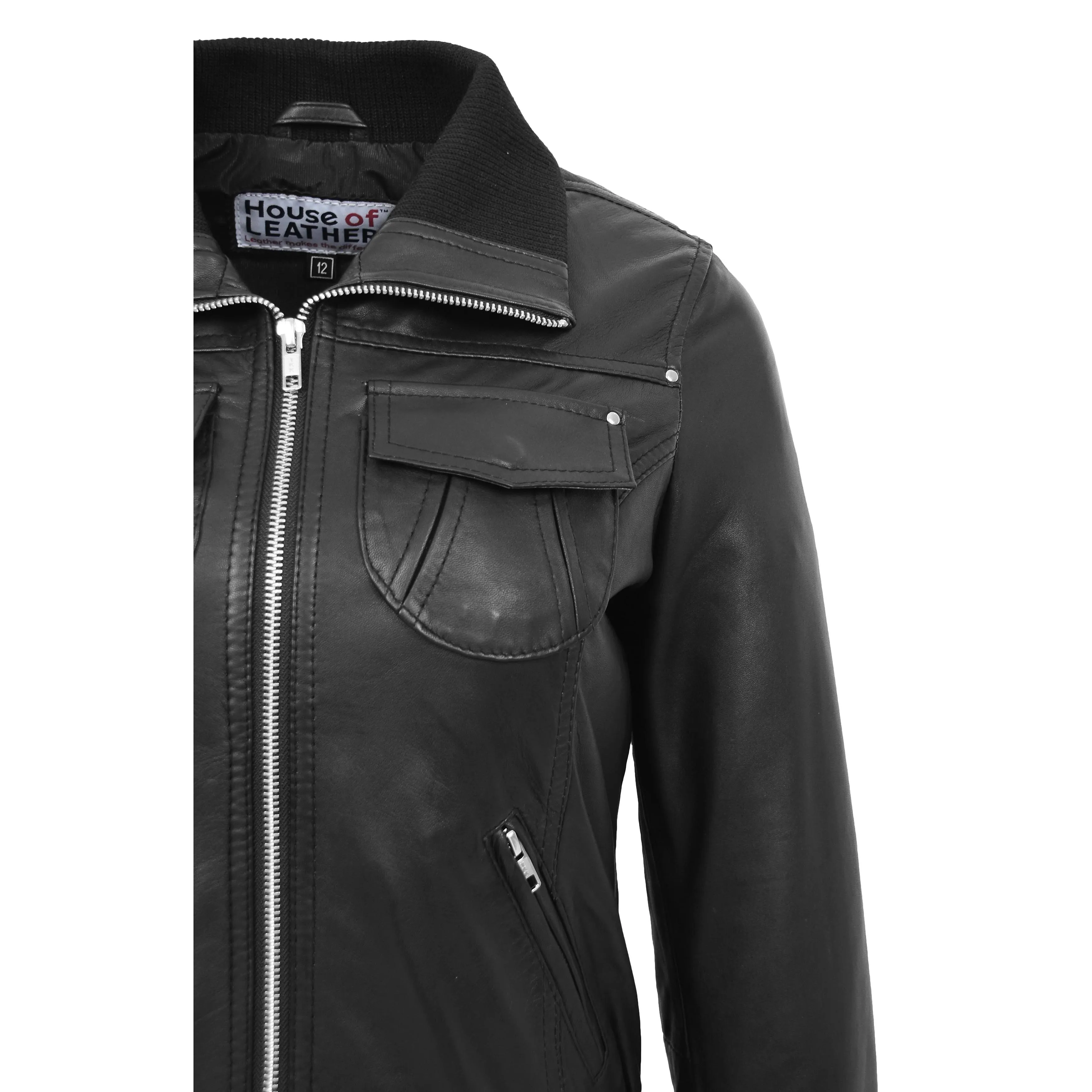 Womens Leather Classic Bomber Jacket Motto Black