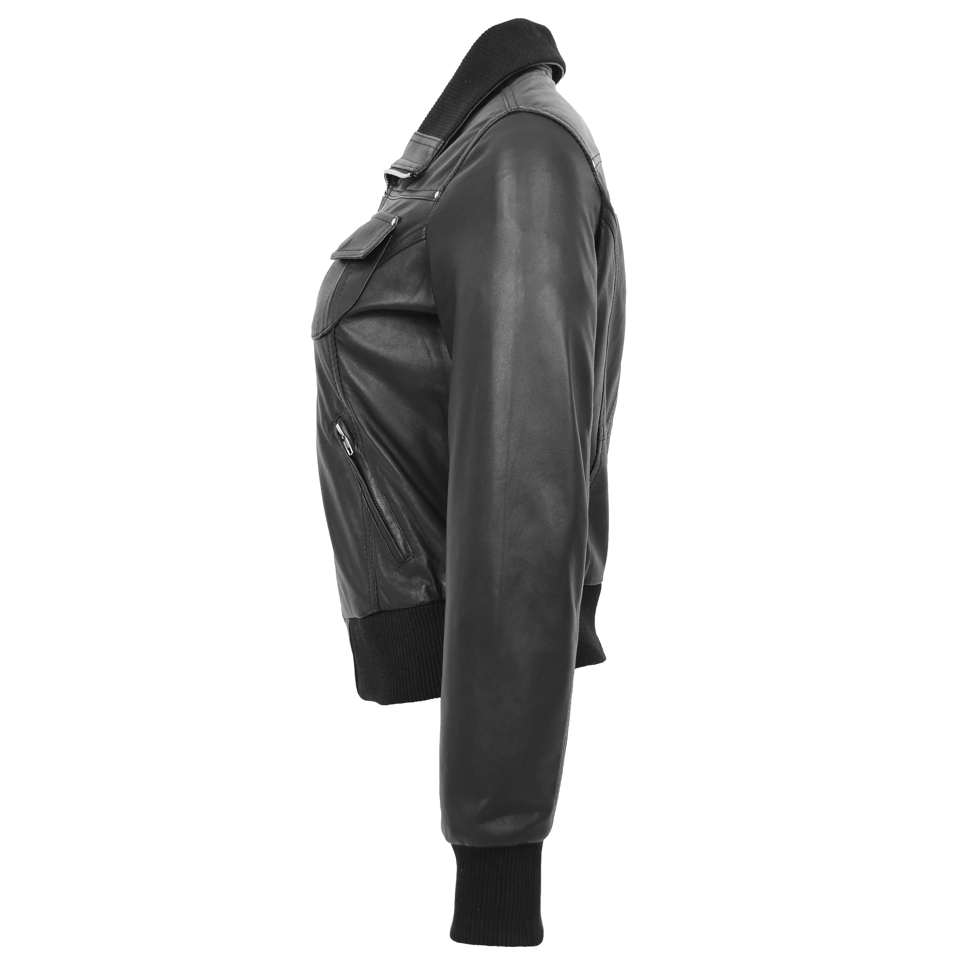 Womens Leather Classic Bomber Jacket Motto Black