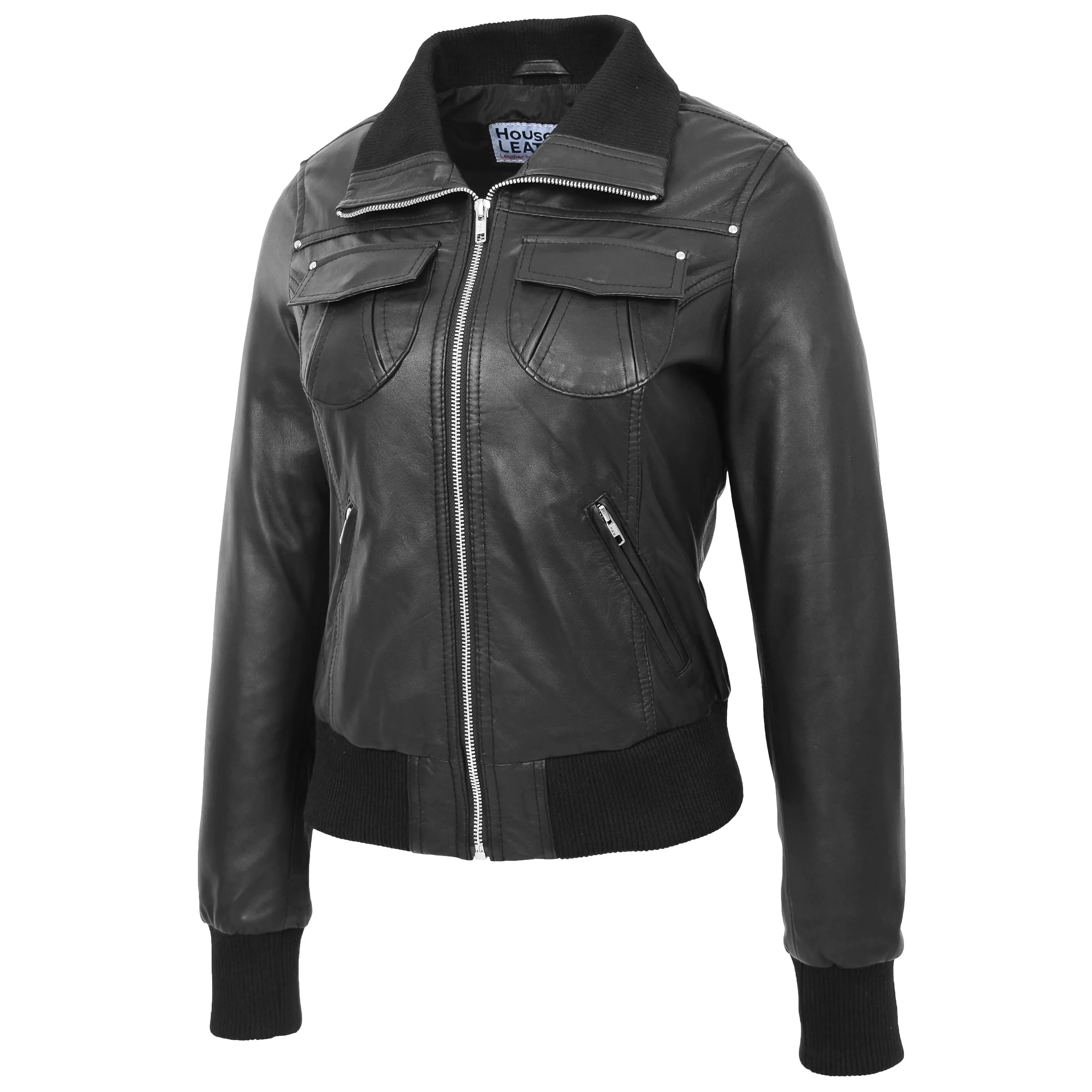 Womens Leather Classic Bomber Jacket Motto Black