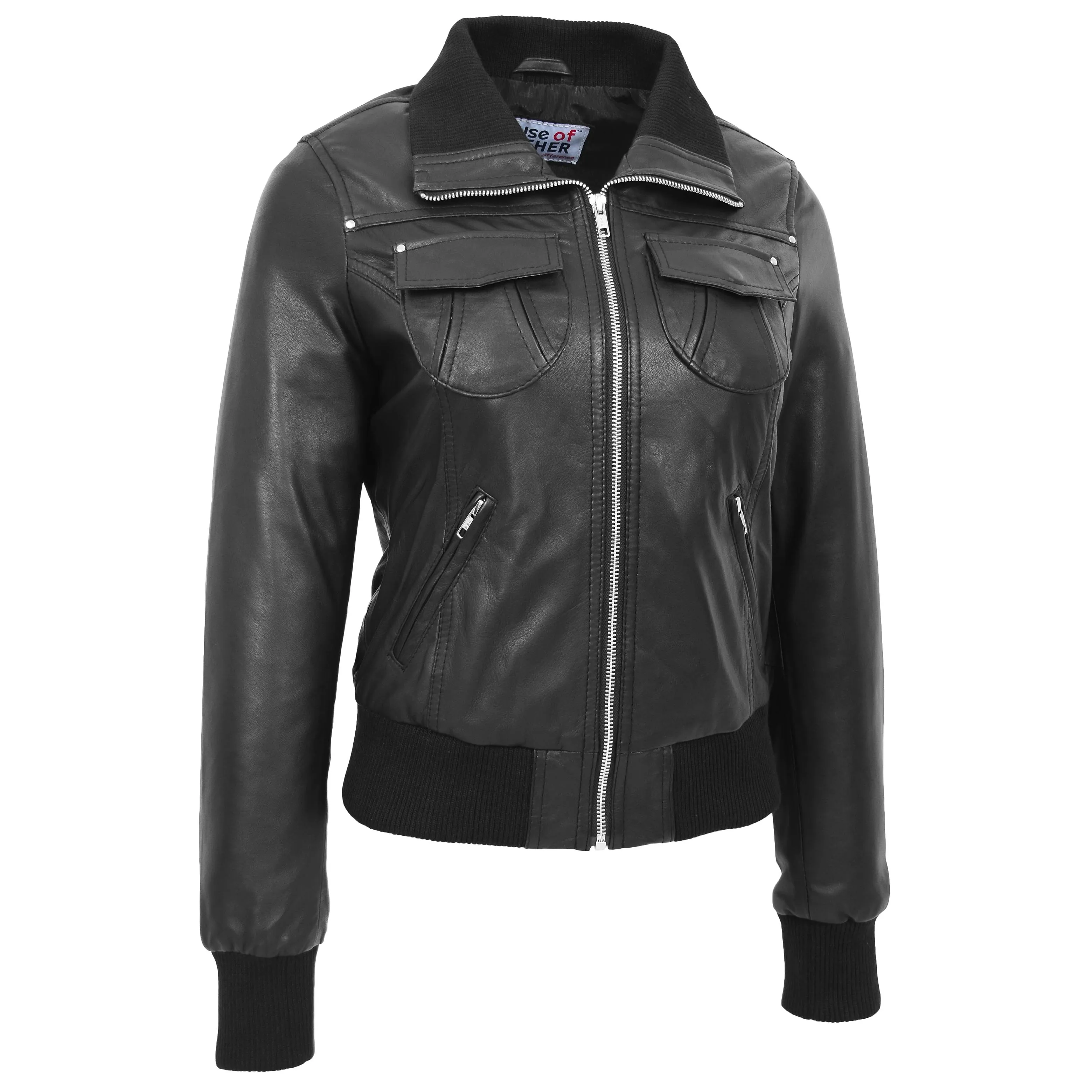 Womens Leather Classic Bomber Jacket Motto Black