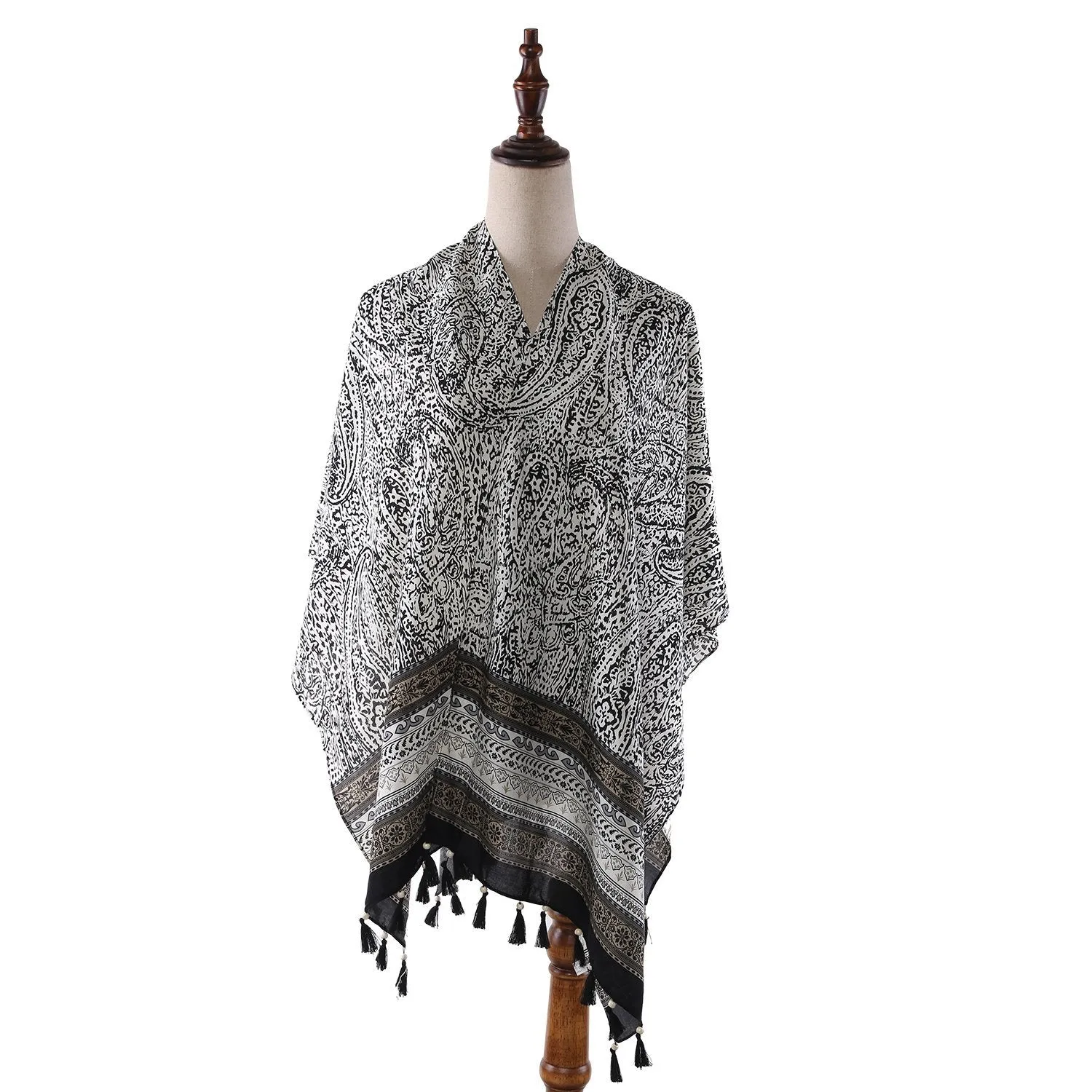 Women's Sheer Poncho Cape Black and White Paisley Print CAR010