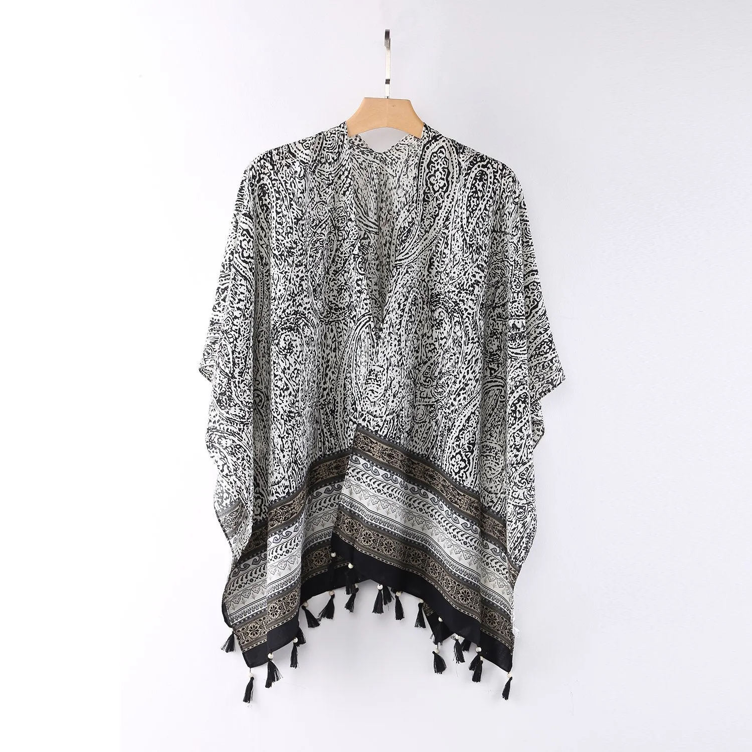 Women's Sheer Poncho Cape Black and White Paisley Print CAR010